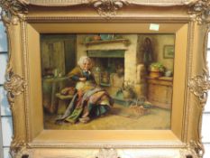 An oil painting, S Jowett, cottage interior with sewing lady, signed, 30 x 40cm, plus frame