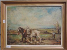 An oil painting on board, J W Taylor, ploughing field, signed, 30 x 43cm, plus frame and glazed