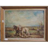 An oil painting on board, J W Taylor, ploughing field, signed, 30 x 43cm, plus frame and glazed