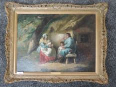 An oil painting on board, in the style of George Morland, rustic cottage family, 35 x 47cm, plus