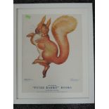 Four prints, shop promotion, 1960's,The Famous Peter Rabbit Books, Squirrel Nutkin, 43 x 33cm,