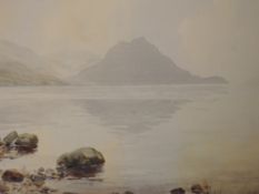 A watercolour, attributed to B Eyre Walker, Clearing Mists Crummock water, attributed verso, 33 x