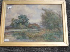 A watercolour, S Grant Rowe, Surrey farmstead and mill pond, signed, 35 x 49cm, plus frame and