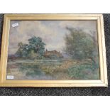 A watercolour, S Grant Rowe, Surrey farmstead and mill pond, signed, 35 x 49cm, plus frame and