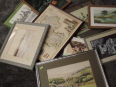 A selection of decorative pictures, inc Hampshire, street trader, signed, 19 x 12cm, plus frame