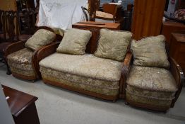 A stunning French Edwardian bergere lounge or conservatory suite having walnut veneer frames with