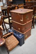 A vintage travel case, suitcase, picnic style hamper and two spong style mincers