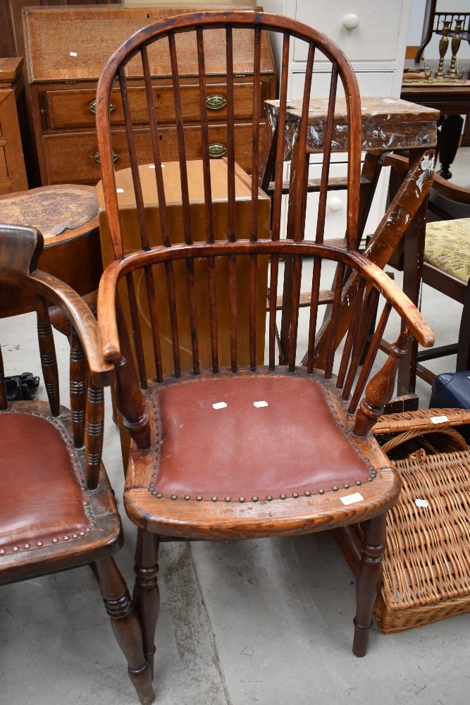 A 19th Century hoop and stick back stained frame Windsor style chair having H stretcher and later