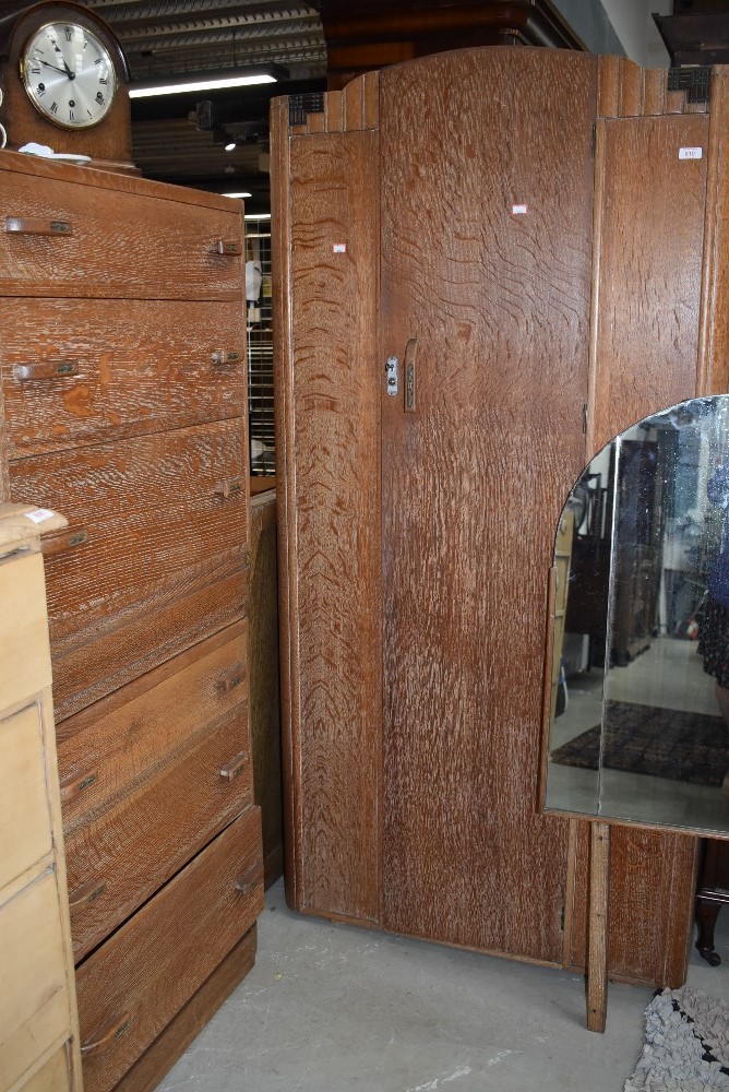 A 1930s limed oak compact bedroom suite comprising , single wardrobe, bed frame, chest of drawers - Image 2 of 3
