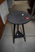 An ebonised poker work Victorian side or wine table