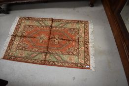 A Persian Shirvan style silk carpet rug/prayer mat, approx. 105 x 70cm