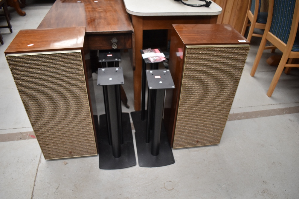A pair of vintage PYE tall speakers and two pairs of Soundstyle Z2 speaker stands