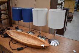 Four modern bedside table lamps and a hand carved wooden bowl