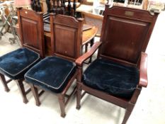 An early 20th Century dark stained set of three church chairs, from Lancashire Baptist church, with