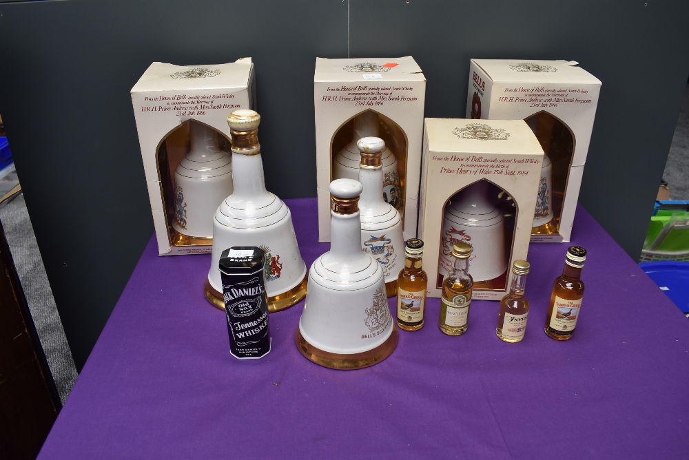 Seven Wade Commemorative Whisky Bells all containing Bells Whisky, Marriage of Prince Andrew & Sarah