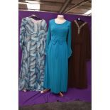 Three wonderfully floaty 1960s maxi dresses, including teal blue chiffon over laid Peterson maid