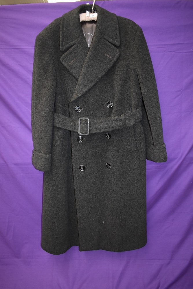 A gents 1950s double breasted overcoat with belt to waist,larger size.