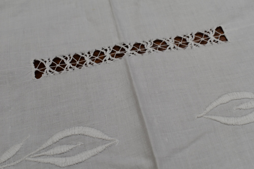 A large white antique table cloth or possibly bed covering having extensive floral embroidered - Image 2 of 5