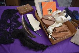 A mixed lot of vintage feathers, collars, collar box, boxed handkerchiefs, gloves and a pair of CC41