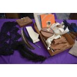 A mixed lot of vintage feathers, collars, collar box, boxed handkerchiefs, gloves and a pair of CC41