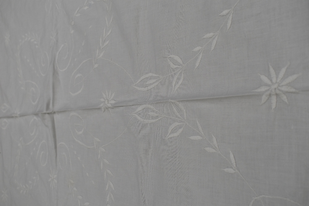 A large white antique table cloth or possibly bed covering having extensive floral embroidered - Image 3 of 5