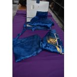 A vintage Chinese pyjama and dressing gown set in blue having gold dragon embroidery in case,