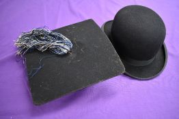A vintage bowler hat with internal measurement of approx 21.5' and an academic cap.