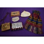 Six vintage and antique bags including drawstring bag with fringing to bottom, beaded art deco