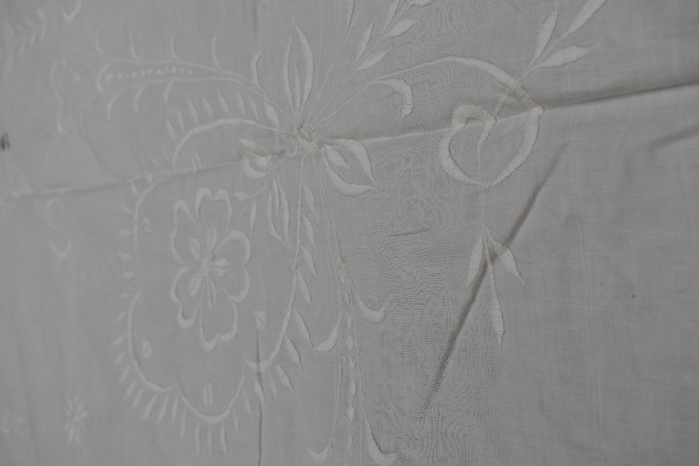 A large white antique table cloth or possibly bed covering having extensive floral embroidered - Image 4 of 5