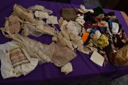 A box full of mixed vintage and antique bits and bobs,lace and tulle work, trims, thread,ribbon,