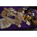 A box full of mixed vintage and antique bits and bobs,lace and tulle work, trims, thread,ribbon,