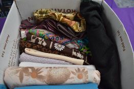 a box full of vintage fabric, various styles and eras,some good sized pieces in this lot.