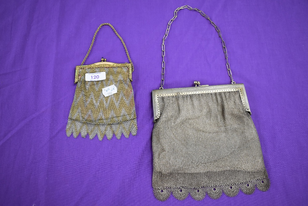 Two vintage chain bags, one larger having scalloped edge to bottom the other smaller of gold and