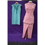 A wonderful baby pink 1960s wool trouser suit with beading and rhinestones to tunic top and