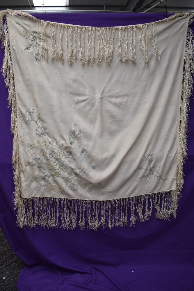 A collection of vintage and antique shawls including mint green fringed shawl,another of silk having - Image 3 of 15