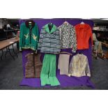 A selection of vintage ladies clothing including blouses, rabbit fur waistcoat,chunky green