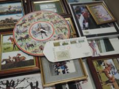 A selection of horse racing memorabilia, inc photographic prints, clock, first day covers, vintage