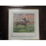 Two prints, after Claire Eva Burton, horse racing interest, Sonic Lady at Goodwood, 40 x 47cm, and