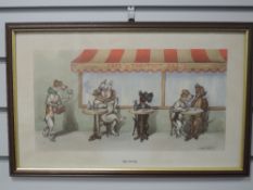 A print, after O'Klein, Cafe Society, dog interest, 25 x 42cm, plus frame and glazed