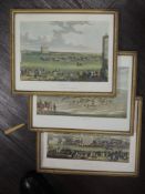 A set of three re-prints, horse racing interest, 18 x 24cm, plus frame and glazed