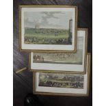 A set of three re-prints, horse racing interest, 18 x 24cm, plus frame and glazed