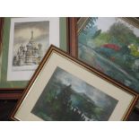 A selection of pictures, inc an oil painting, J Owen, river landscape, 29 x 39cm, plus frame