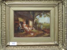 An oil painting, Marsland, cottage family, C19th, signed, 14 x 19cm, plus frame