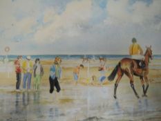 A watercolour, De la Roche, Layton Races Ireland, beach scene, signed, 43 x 58cm, plus frame and