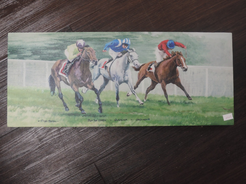 A print, after Roger Heaton, horse racing interest, 25 x 61cm