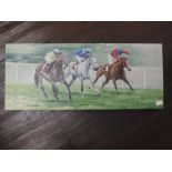 A print, after Roger Heaton, horse racing interest, 25 x 61cm