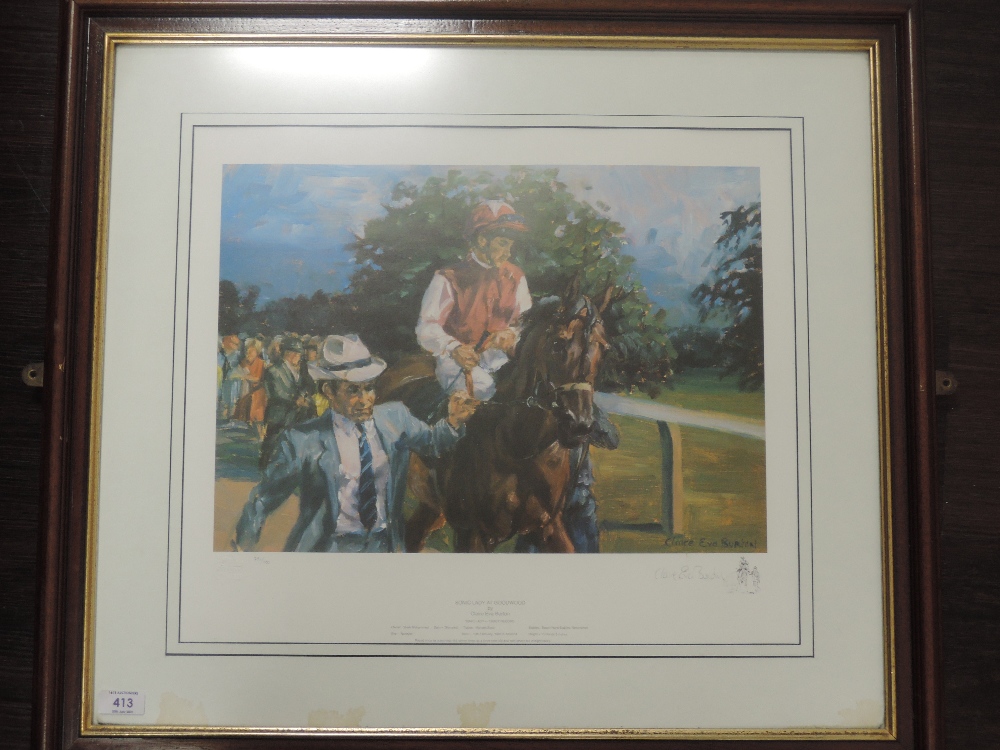 Two prints, after Claire Eva Burton, horse racing interest, Sonic Lady at Goodwood, 40 x 47cm, and - Image 2 of 2