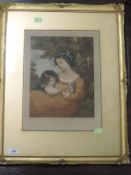 A mezzotint engraving, after Will Henderson, girls with rabbit, dated 1910, 33 x 25cm, plus frame