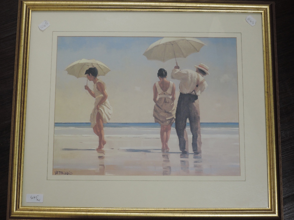 A pair of prints, after Jack Vettriano, umbrella dances, 30 x 39cm, plus frame and glazed