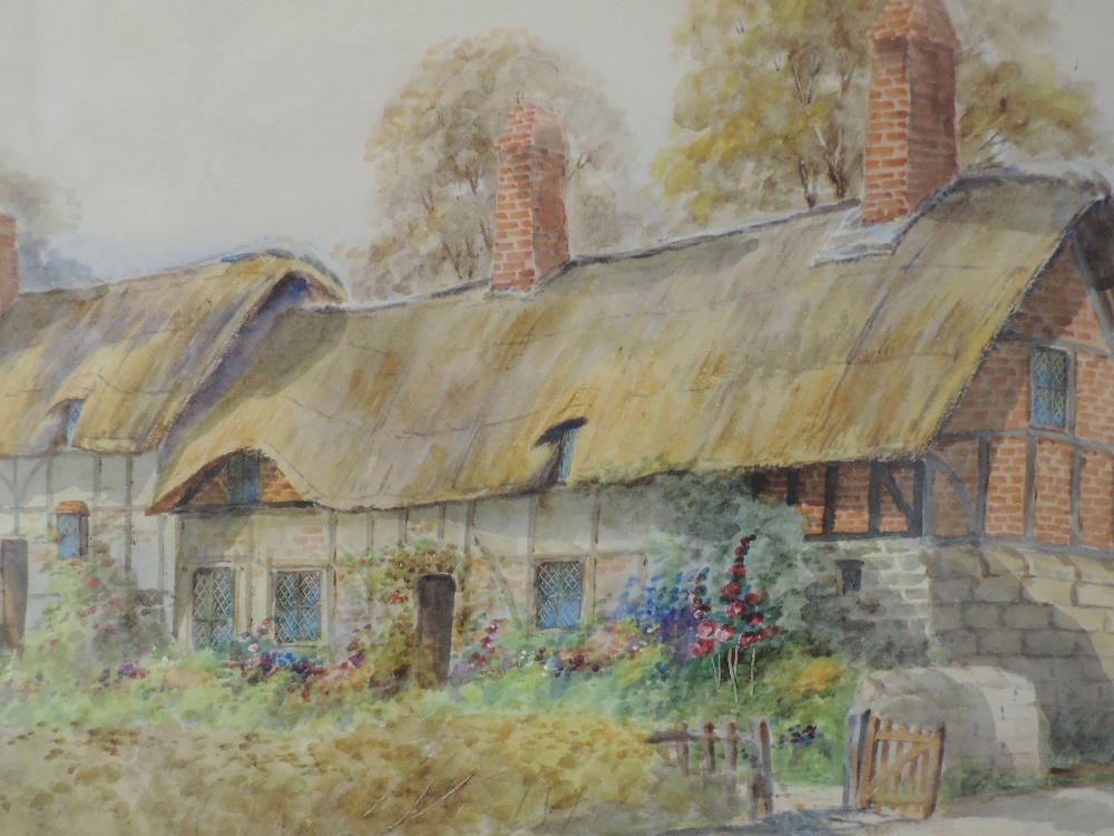 A pair of watercolours, Ernest T Potter, thatched cottages, Ann Hathaways cottage and Welford on